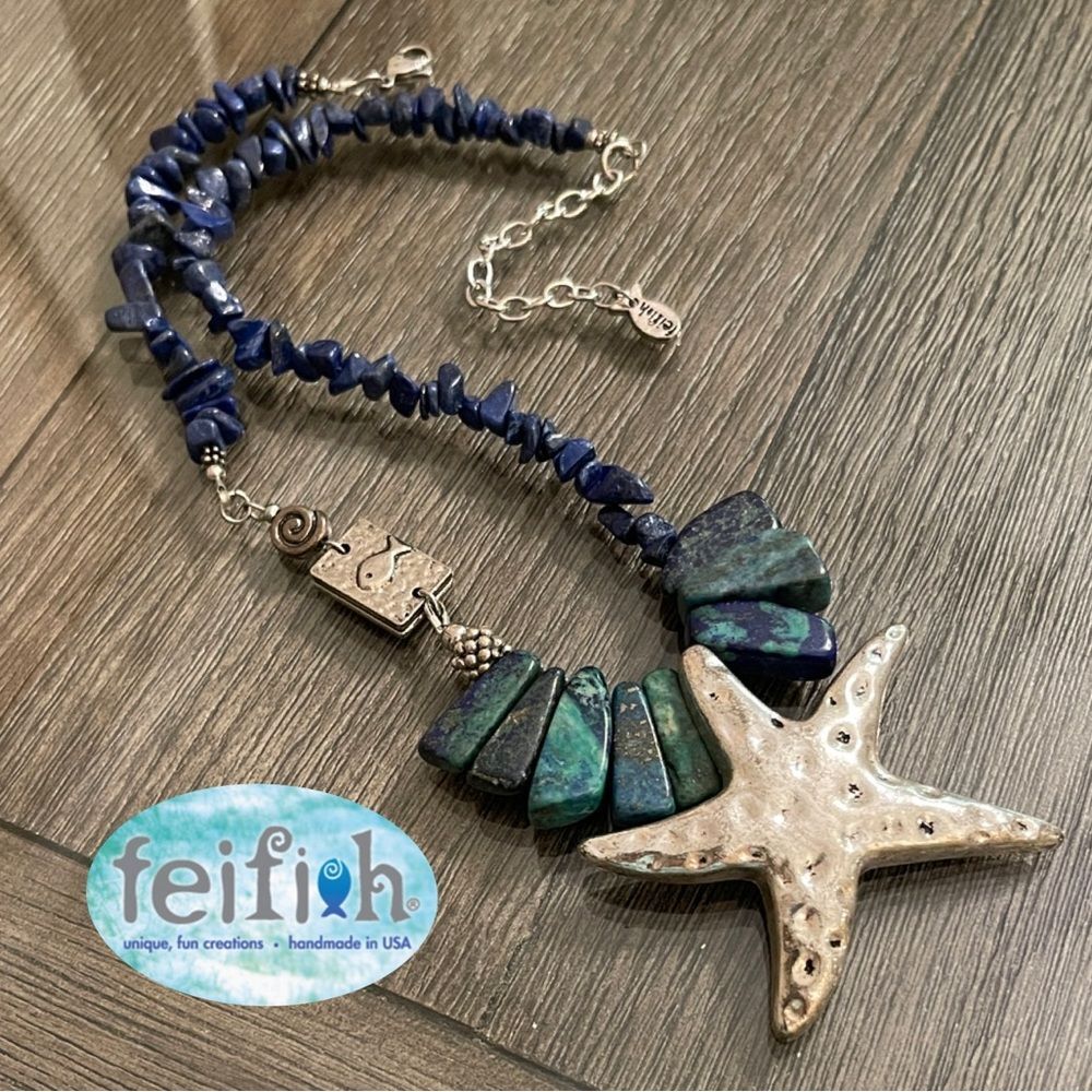 Feifish Antique Silver-tone Starfish Necklace with Azurmalchite & Lapis Stones